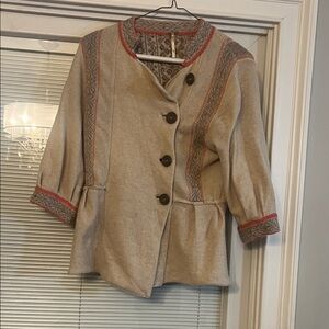 Womens Cream Wool-Blend Button Front Jacket with Coral Trim